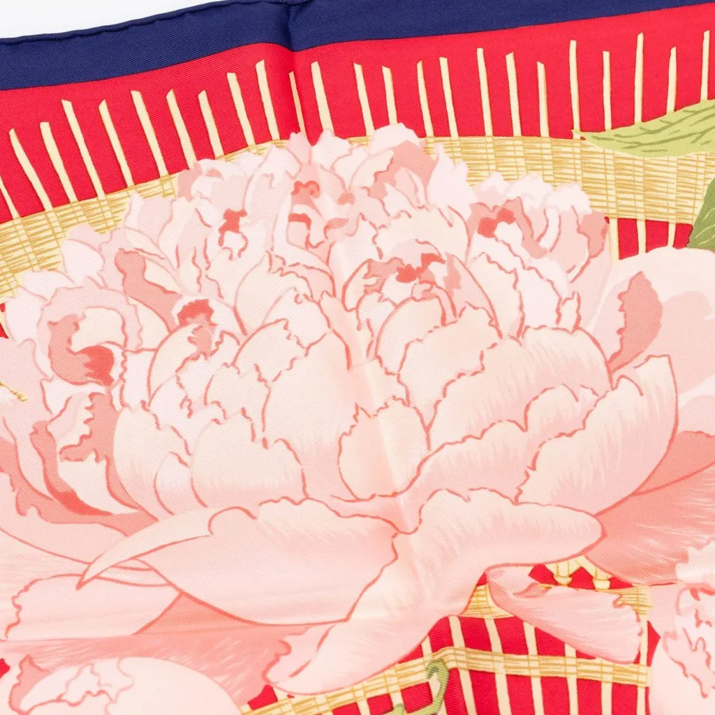 Hermès Les Pivoines Silk Scarf 90 Red Silk Good - Box View