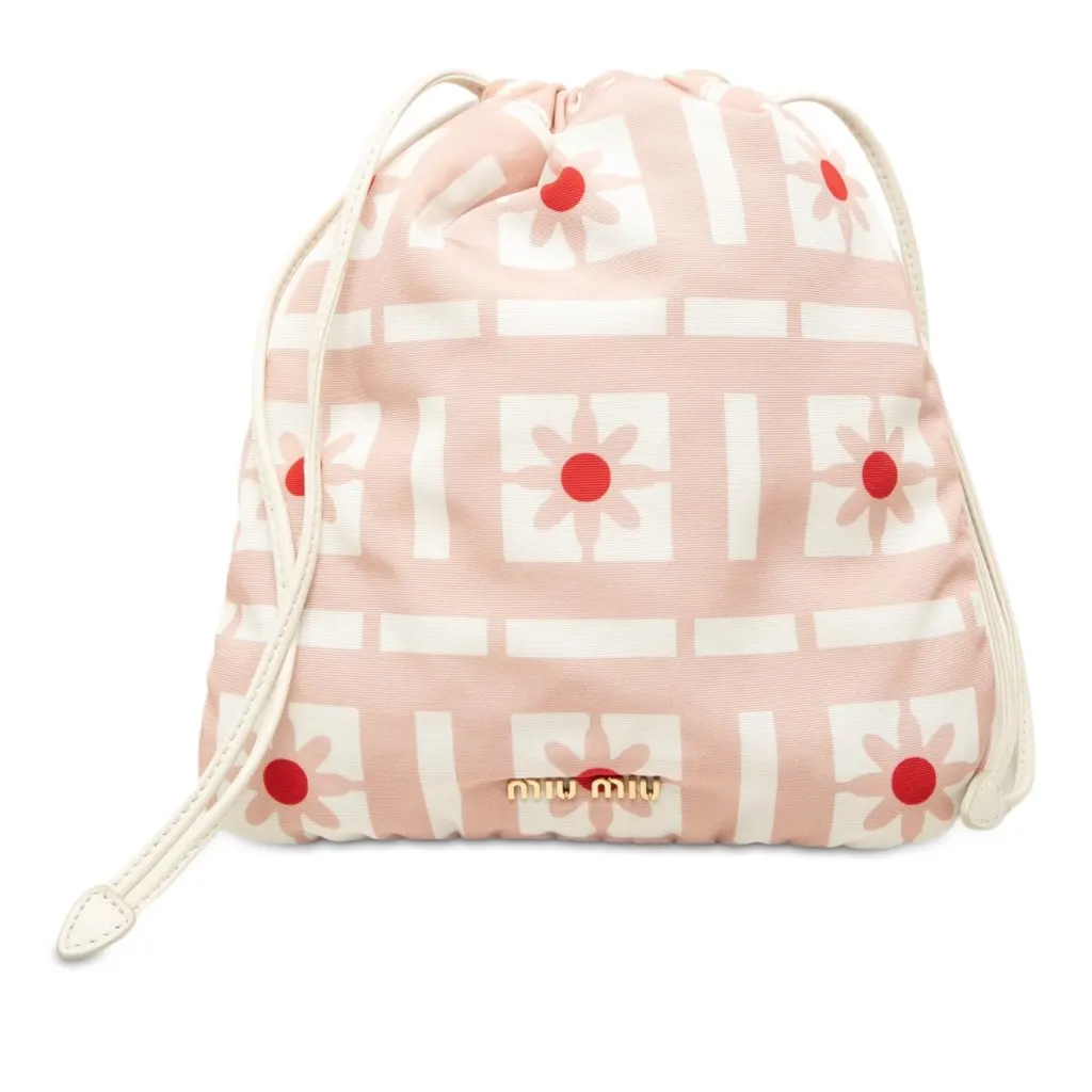 Miu Miu Nylon Floral Print Drawstring Pouch Pink Polyamide Very good - Front View
