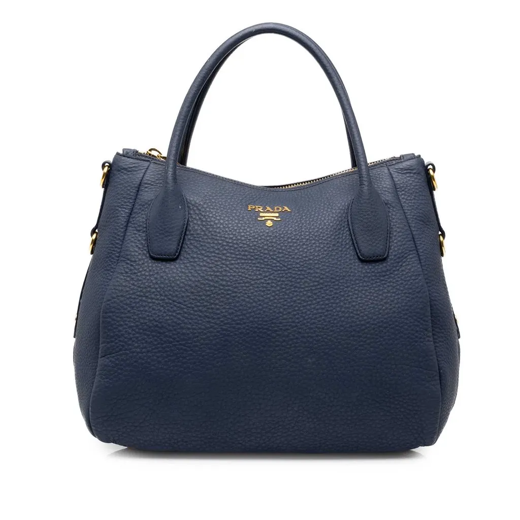 Prada Vitello Daino Zip Top Convertible Tote Blue Leather Very good - Front View