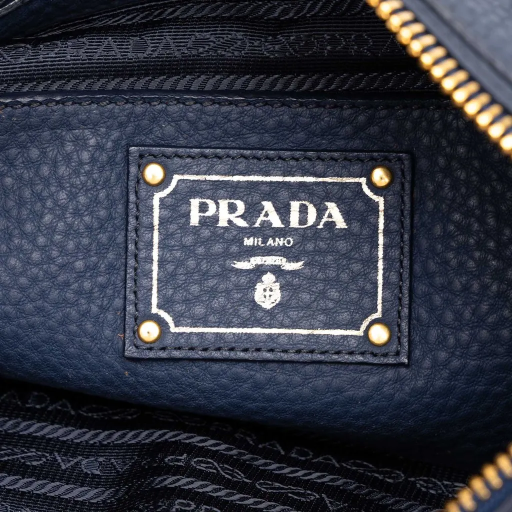 Prada Vitello Daino Zip Top Convertible Tote Blue Leather Very good - Box View