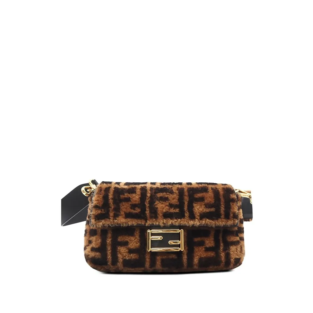 Fendi Medium Zucca Shearling Baguette Satchel Brown Fur Very good - Front View