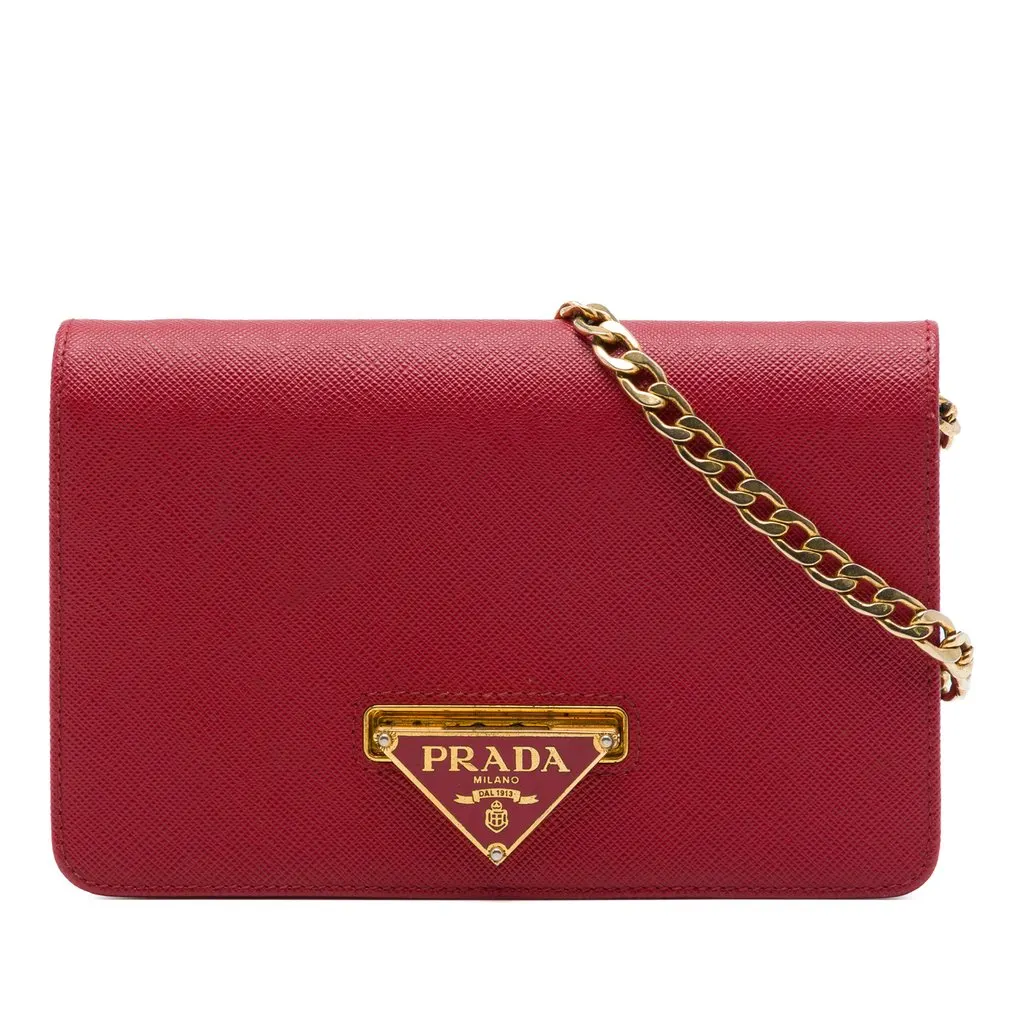 Prada Saffiano Lux Flip Lock Wallet on Chain Red Leather Very good - Front View