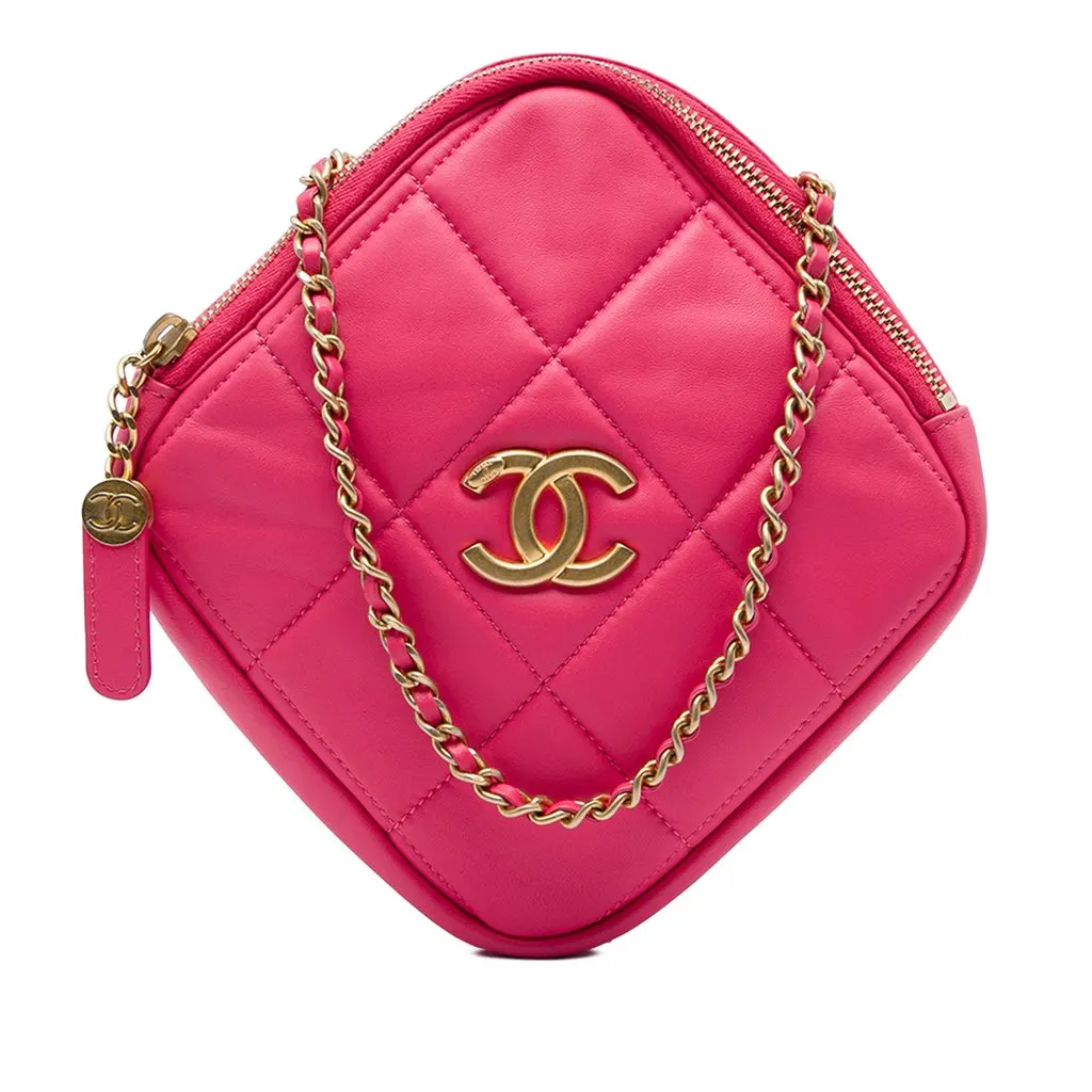 Chanel CC Quilted Lambskin Diamond Clutch with Chain Pink Leather Very good - Front View