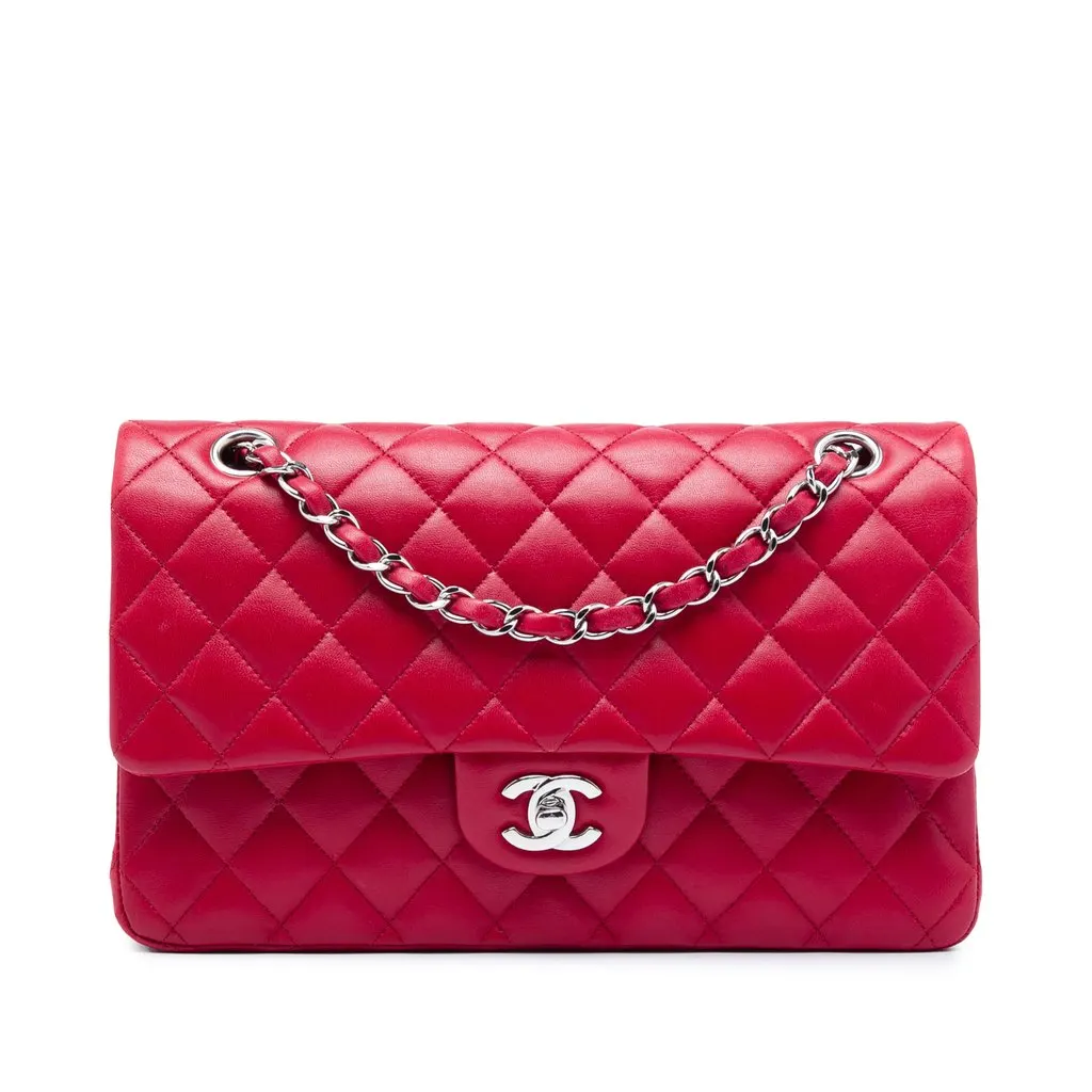 Chanel Medium Classic Lambskin Double Flap Red Leather Very good - Front View