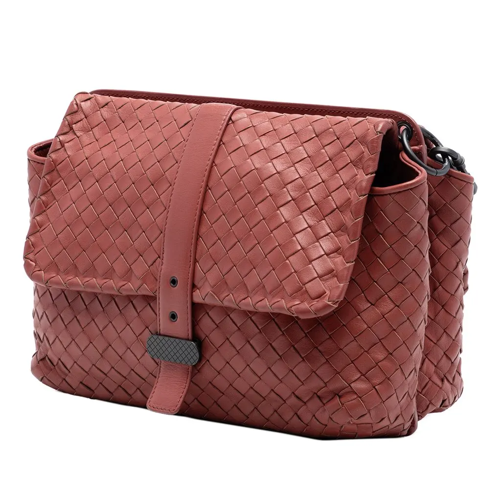 Bottega Veneta Nappa Intrecciato Double Sided Flap Messenger Bag Red Leather Very good - Back View