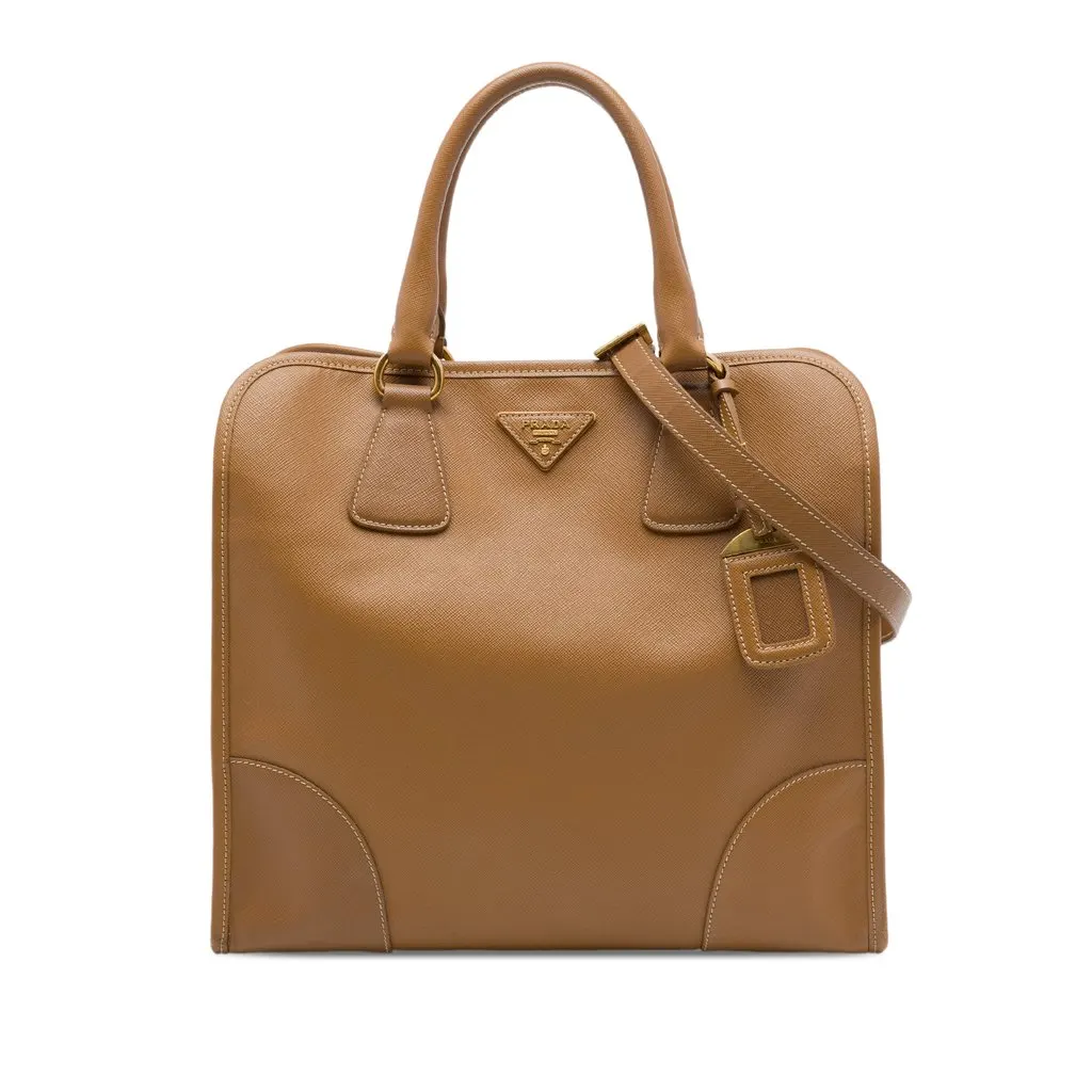 Prada Saffiano Lux Shopping Tote Brown Leather Good - Front View