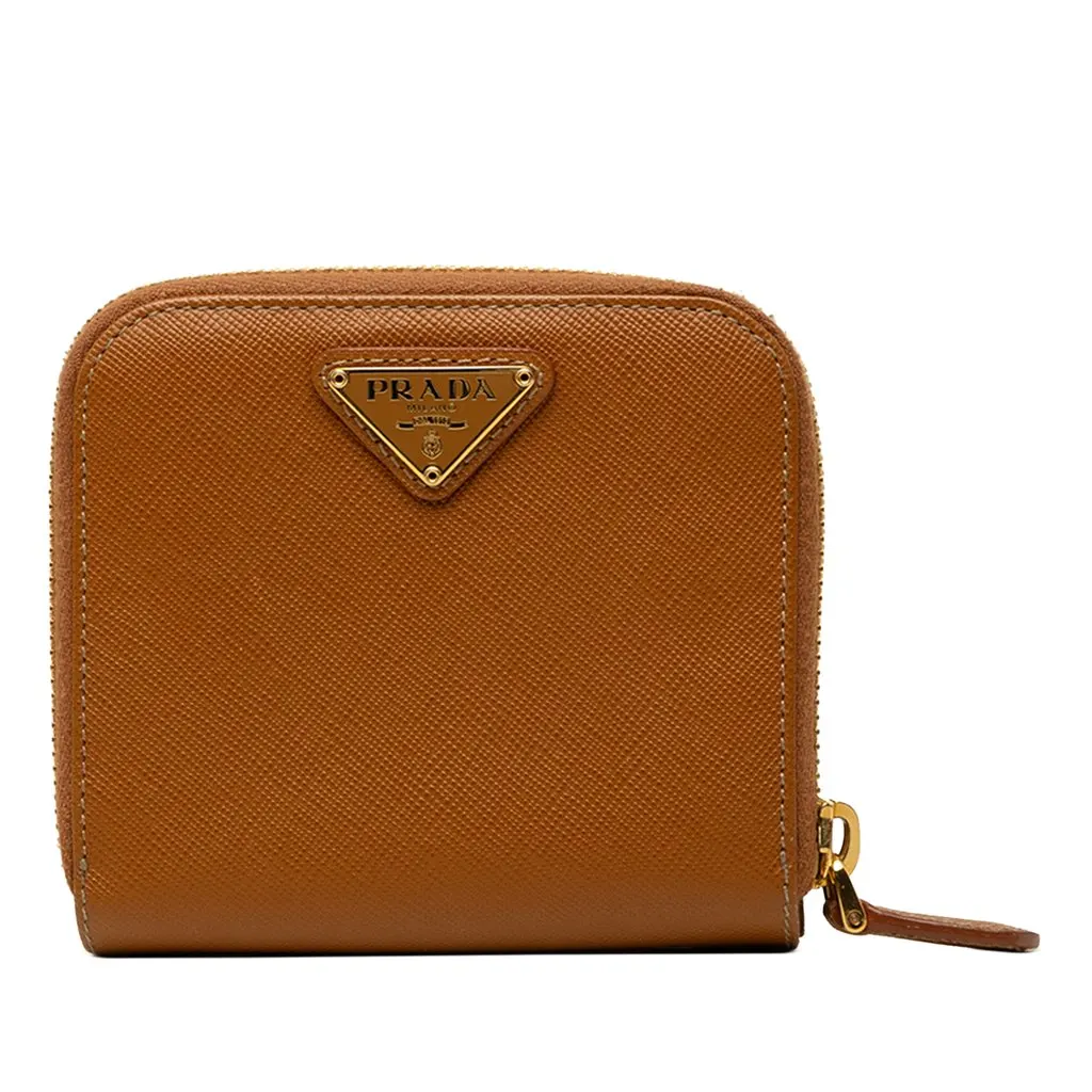 Prada Saffiano Zip Around Compact Wallet Brown Leather Very good - Front View