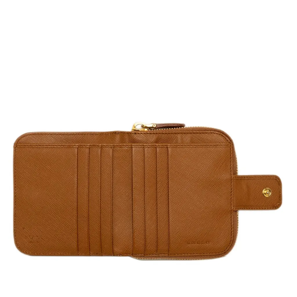 Prada Saffiano Zip Around Compact Wallet Brown Leather Very good - Model View