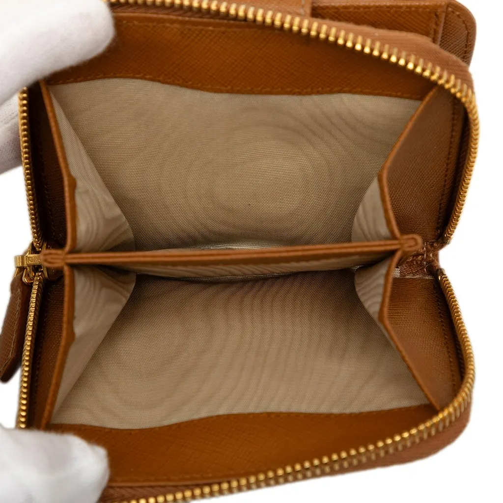 Prada Saffiano Zip Around Compact Wallet Brown Leather Very good - Box View