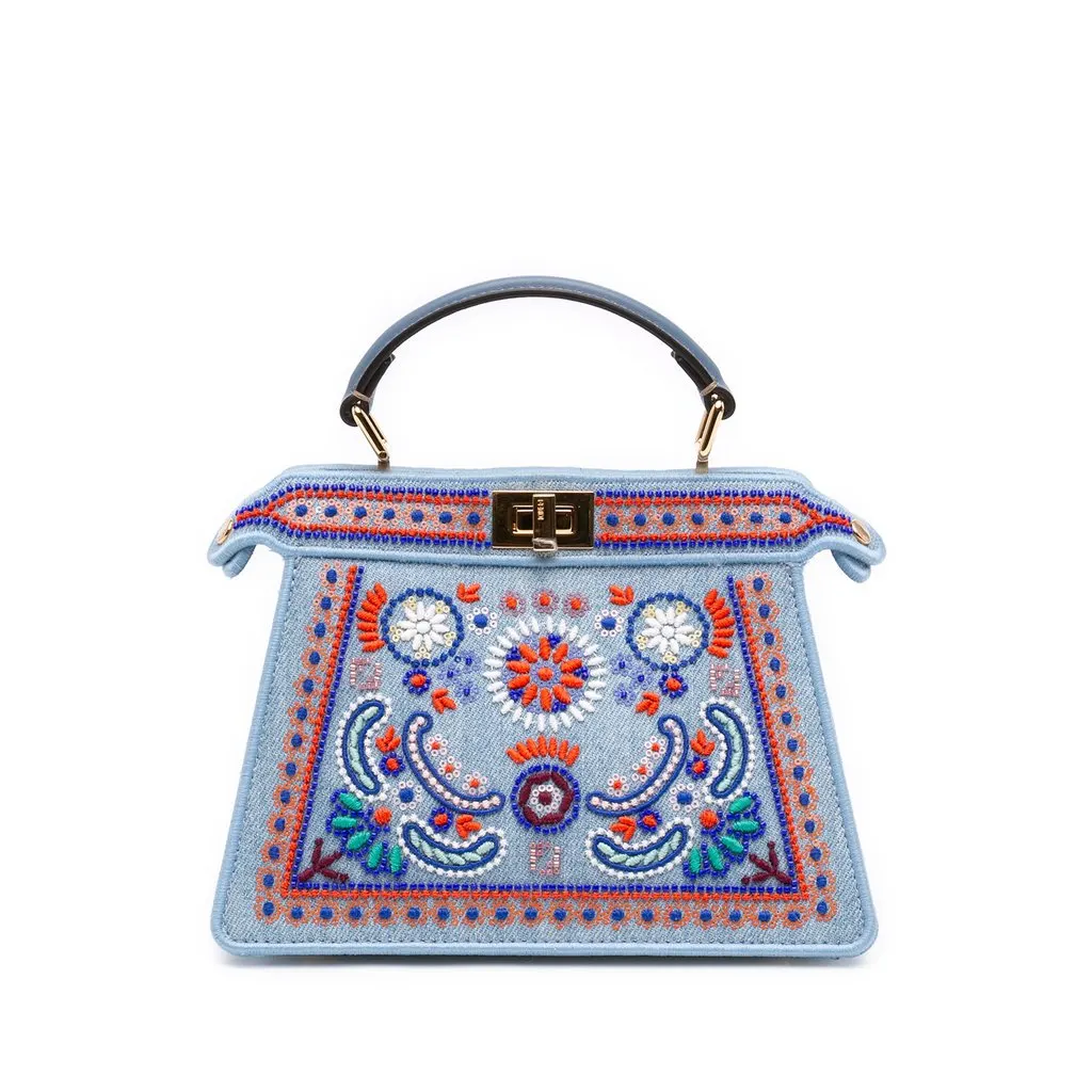 Fendi Petite Embroidered Denim Peekaboo ISeeU Satchel Blue Very good - Front View