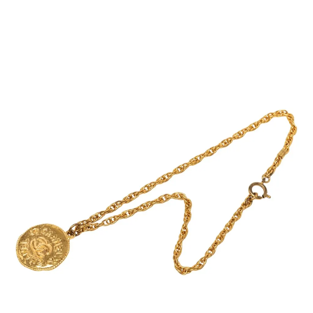 Chanel CC Gold Plated Medallion Pendant Necklace Gold Metal Very good - Front View