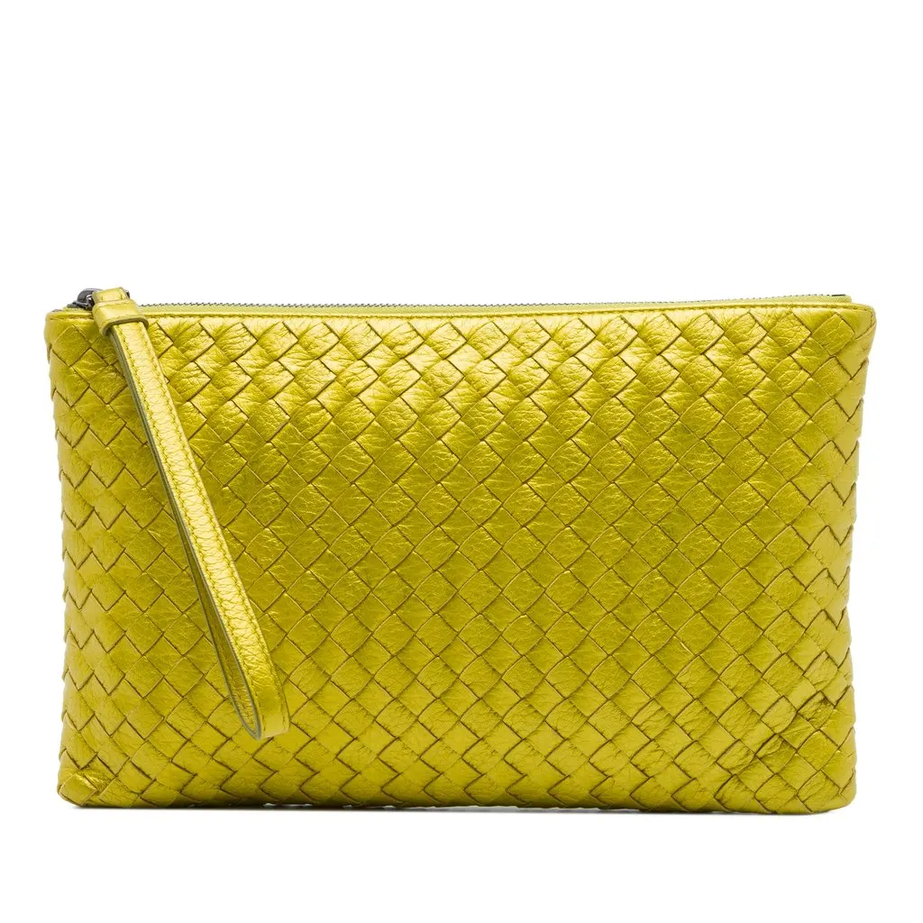 Bottega Veneta Metallic Leather Intrecciato Clutch Yellow Leather Very good - Front View