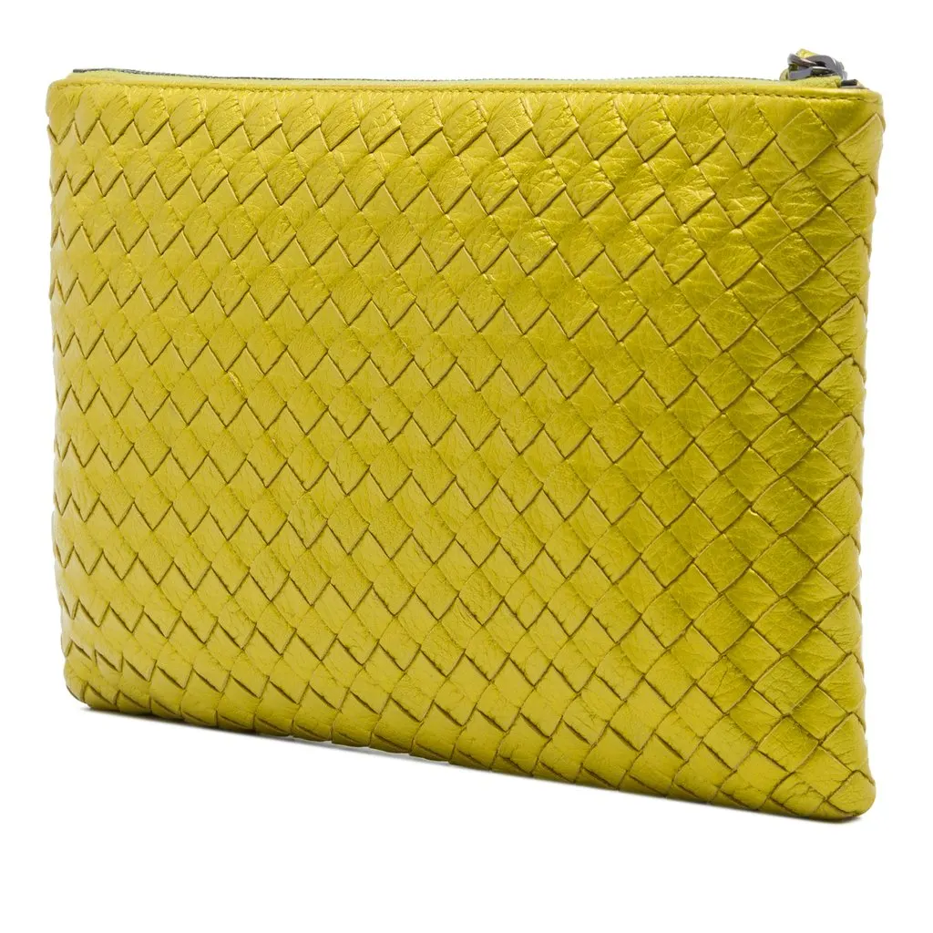 Bottega Veneta Metallic Leather Intrecciato Clutch Yellow Leather Very good - Back View