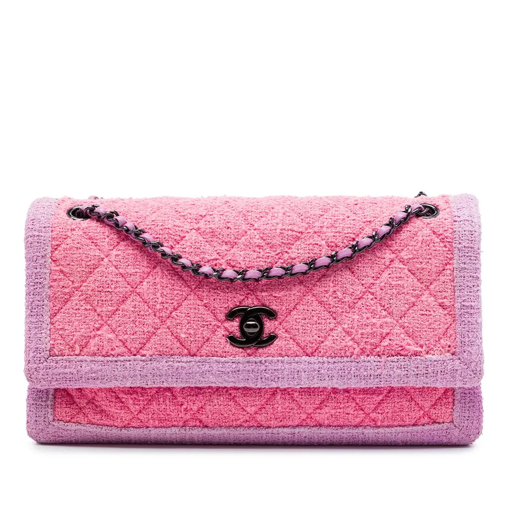 Chanel CC Quilted Tweed Accordion Flap Pink Very good - Front View