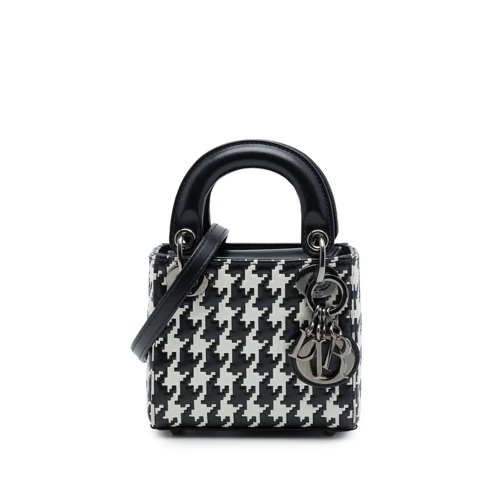 Dior Micro Calfskin Houndstooth Embossed Macro Lady Dior Black Leather Very good - Front View