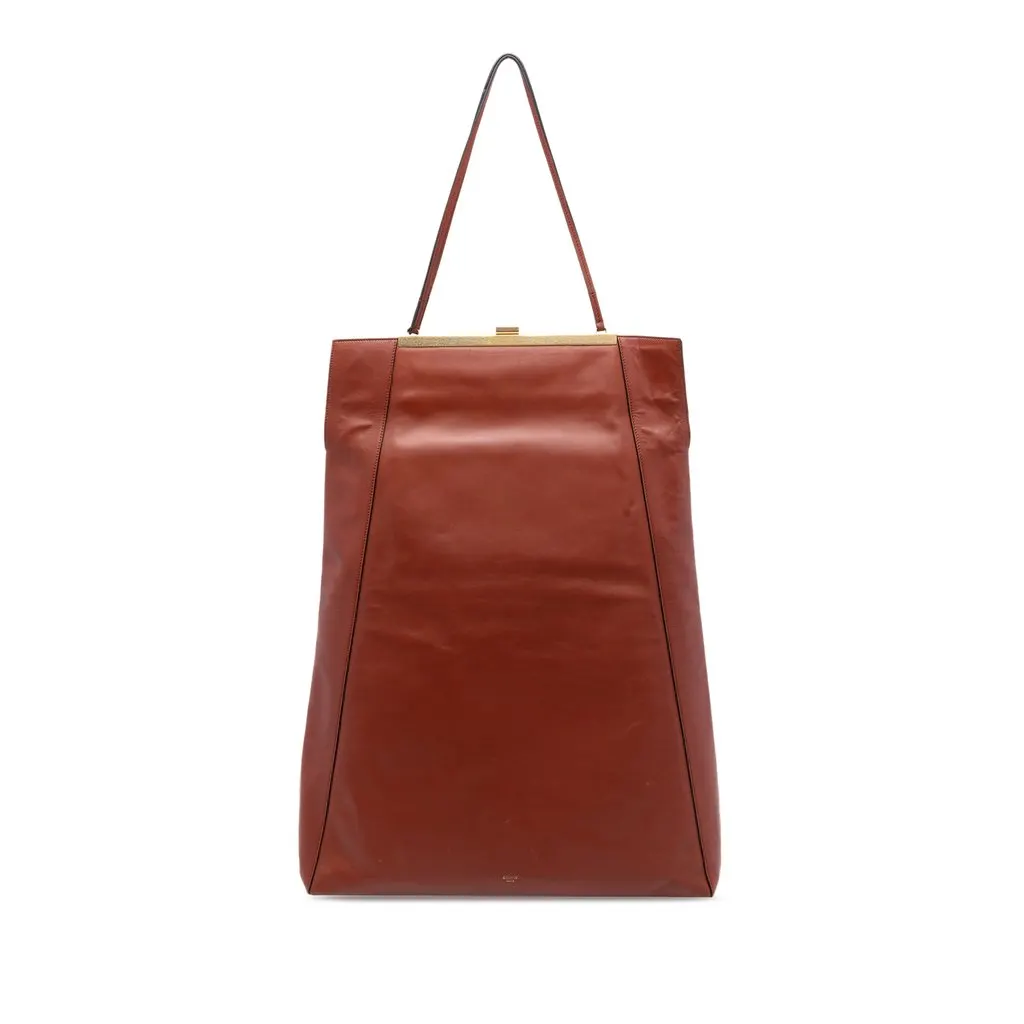 Celine Leather Tall Clasp Cabas Tote Brown Leather Very good - Front View