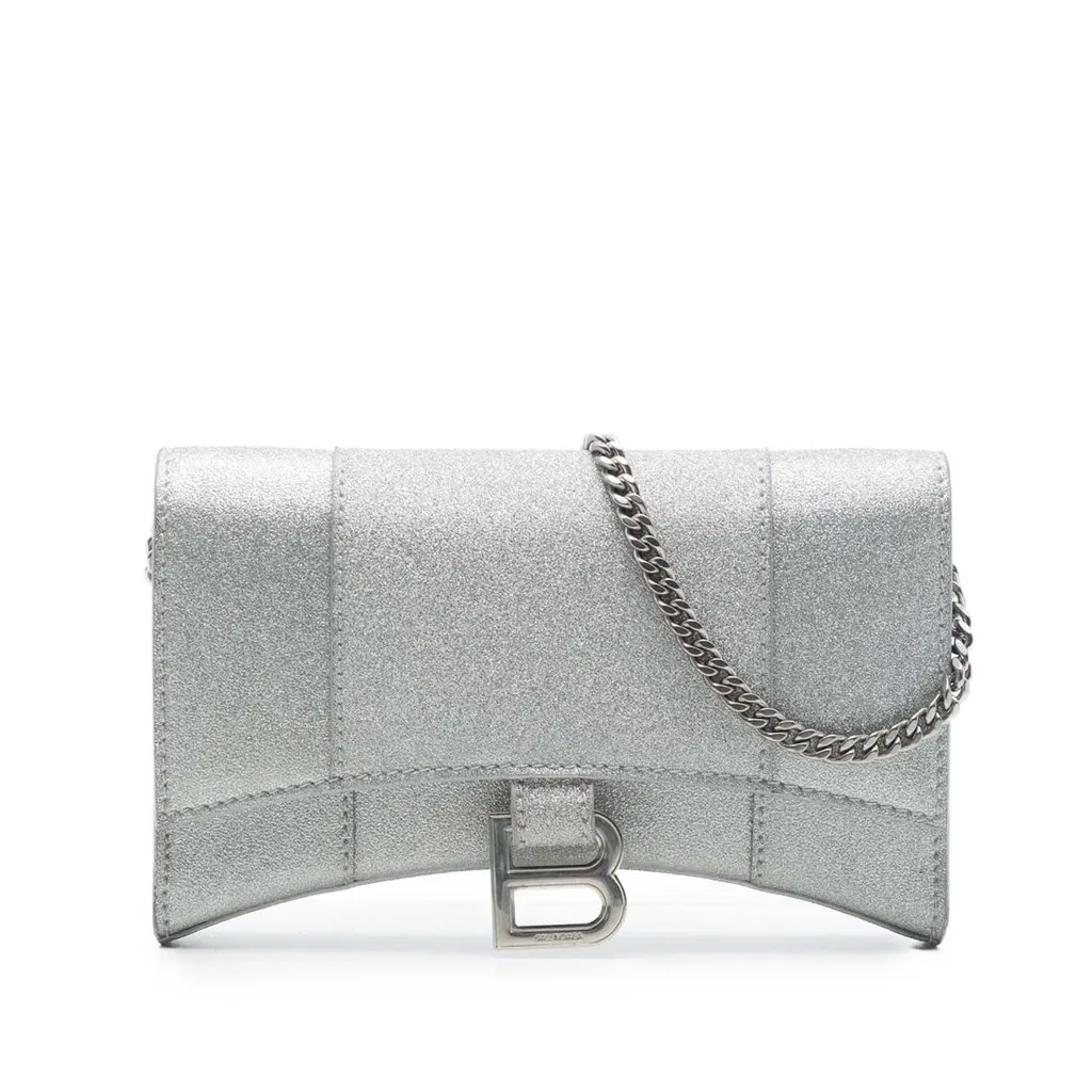 Balenciaga Glitter Fabric Hourglass Wallet On Chain Silver Very good - Front View