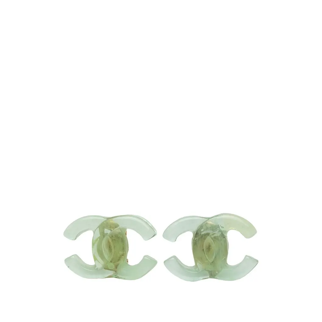 Chanel CC Resin Clip On Earrings Green Plastic Very good - Front View