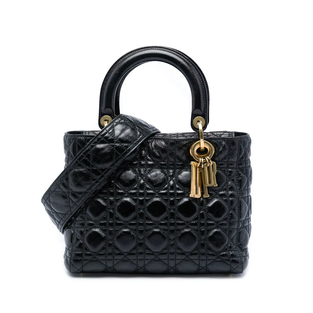 Dior Medium Crinkled Patent Cannage Supple Lady Dior Black Leather Very good - Front View