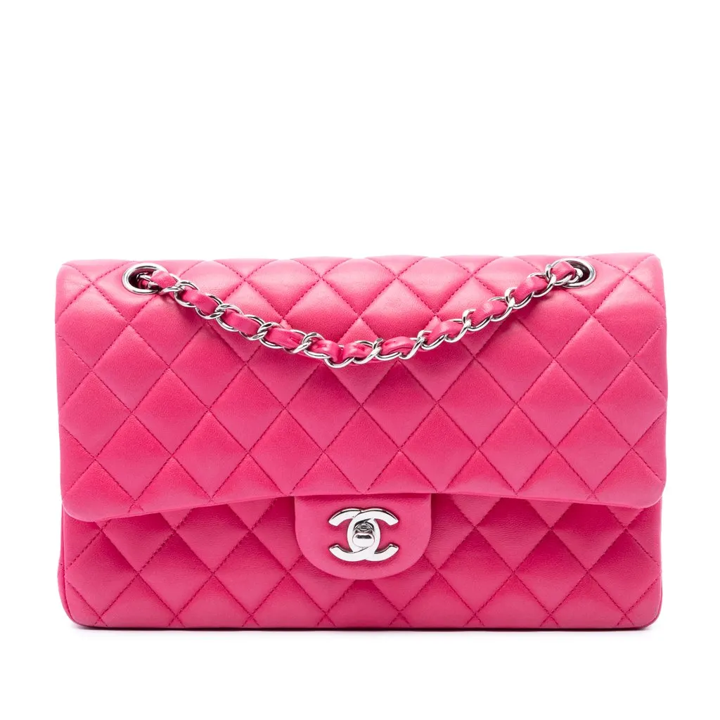Chanel Medium Classic Lambskin Double Flap Pink Leather Very good - Front View
