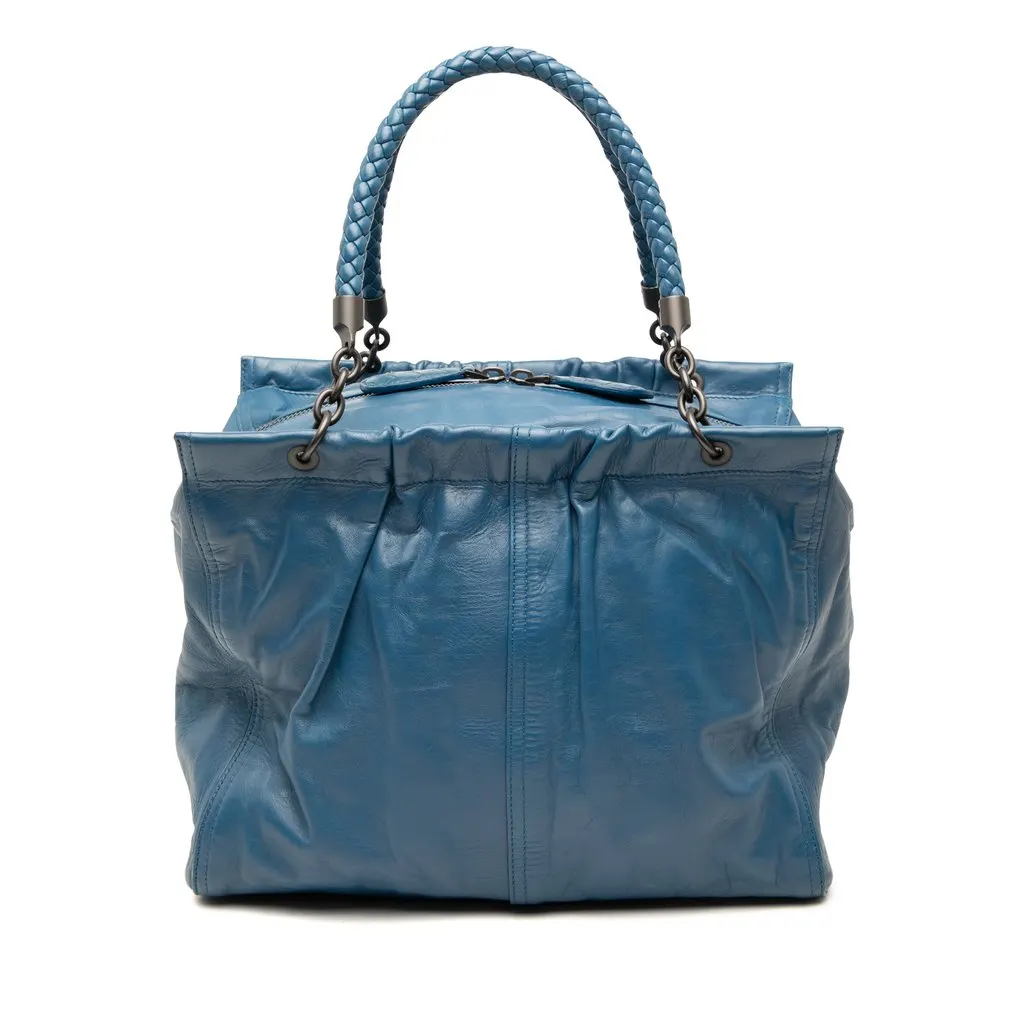 Bottega Veneta Nappa Intrecciato Trimmed Handbag Blue Leather Very good - Front View