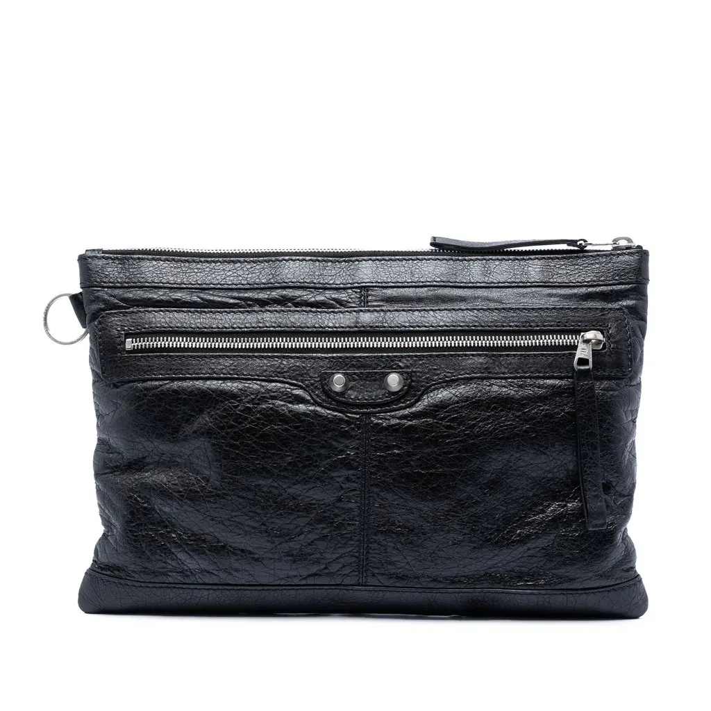 Balenciaga Lambskin Motocross Classic Clip M Clutch Black Leather Very good - Front View