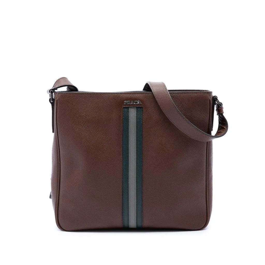 Prada Saffiano Striped Messenger Bag Brown Leather Good - Front View