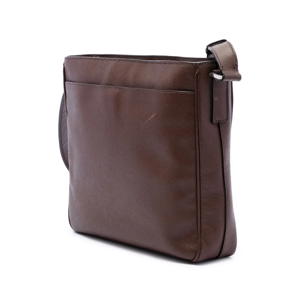 Prada Saffiano Striped Messenger Bag Brown Leather Good - Back View