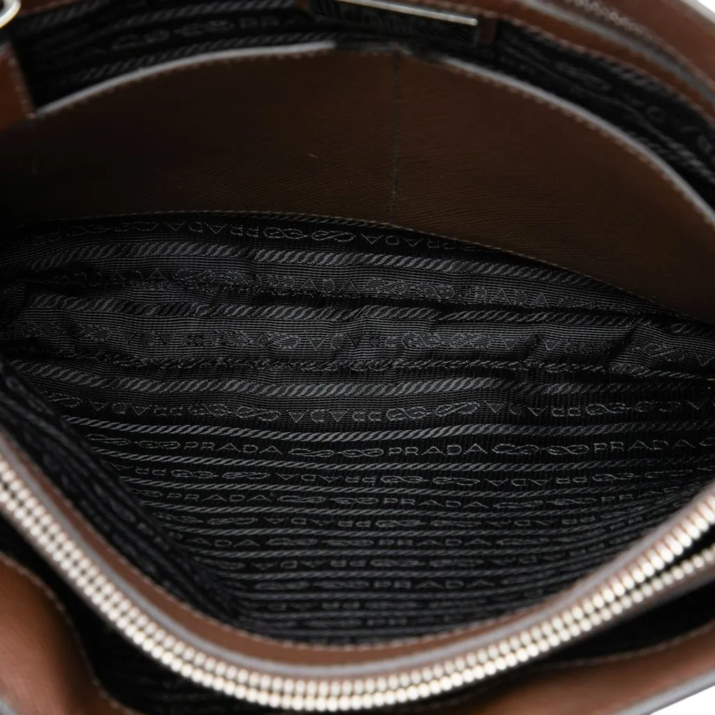 Prada Saffiano Striped Messenger Bag Brown Leather Good - Model View