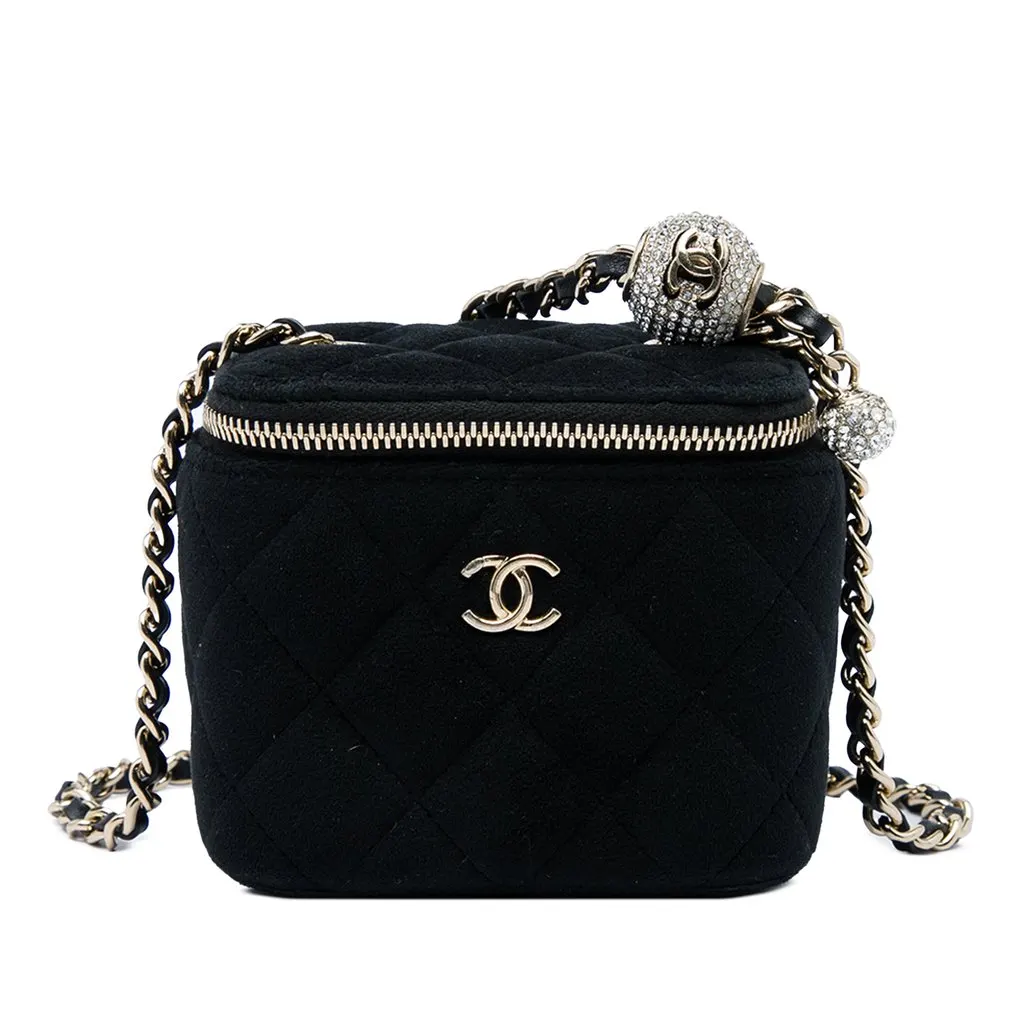 Chanel Mini Velvet Pearl Crush Vanity Case with Chain Black Velvet Good - Front View
