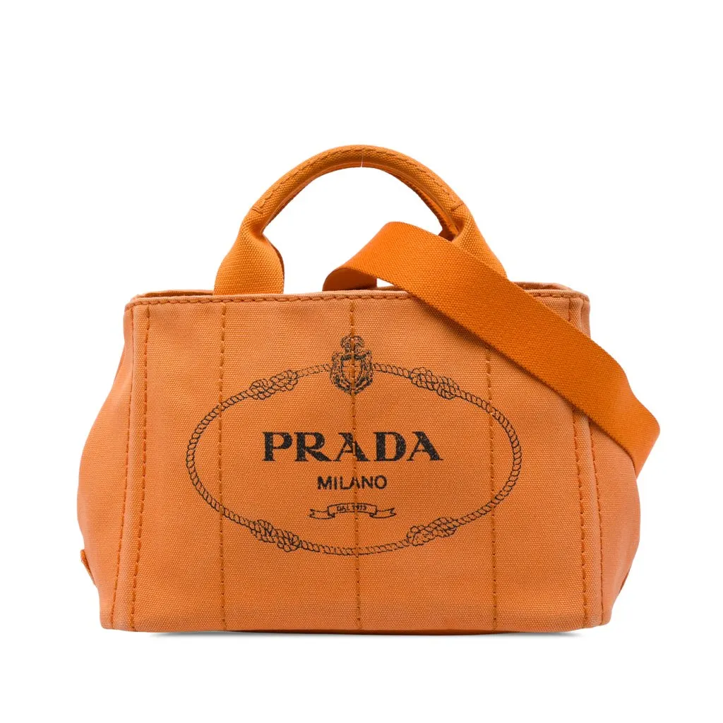 Prada Small Canvas Canapa Logo Tote Orange Canvas Good - Front View