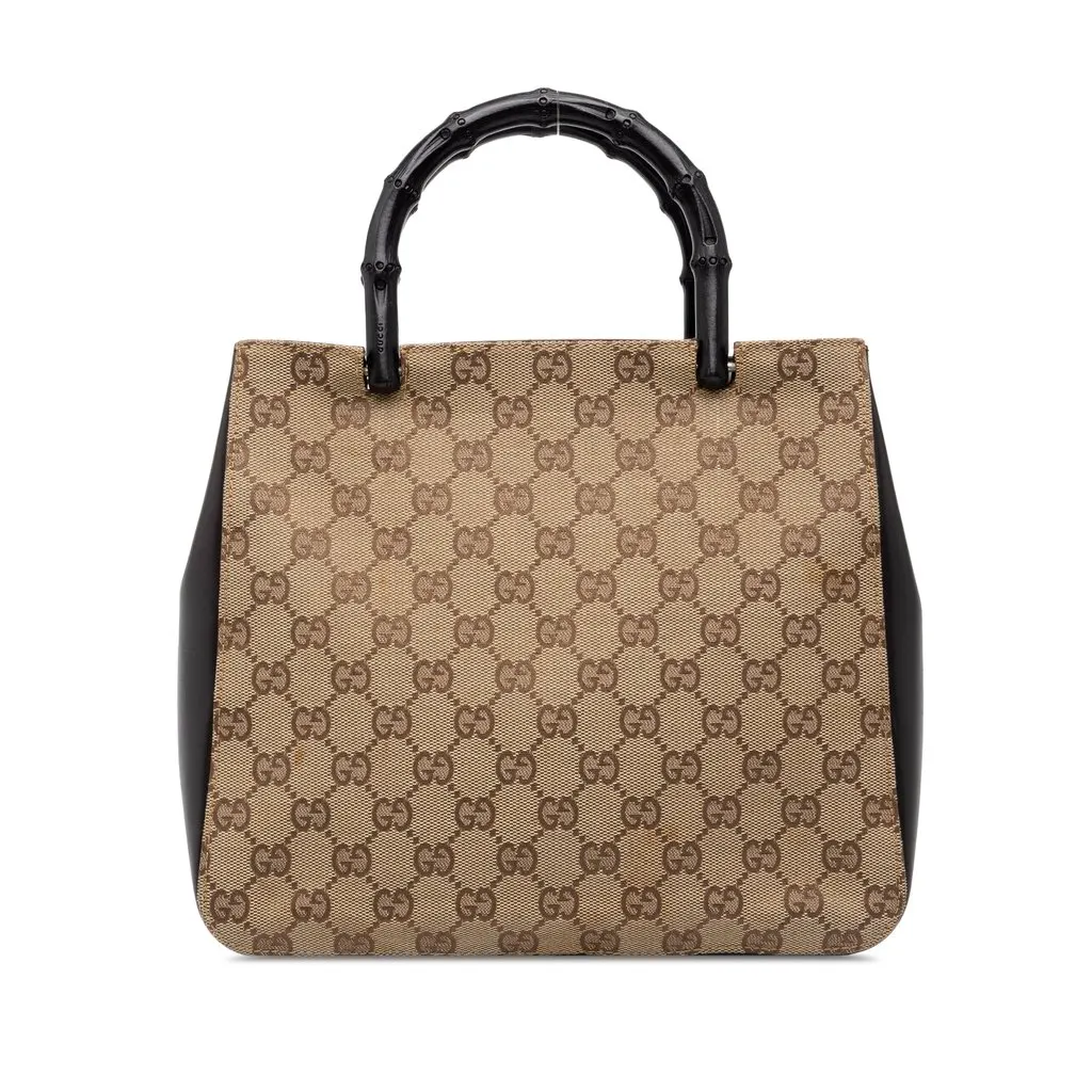 Gucci GG Canvas and Calfskin Bamboo Top Handle Bag Beige Canvas Good - Front View