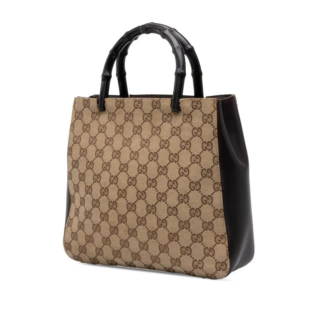 Gucci GG Canvas and Calfskin Bamboo Top Handle Bag Beige Canvas Good - Back View