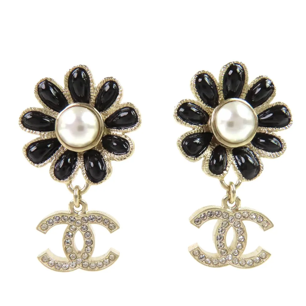 Chanel CC Gold Plated Strass Enamel Faux Pearl Flower Drop Push Back Earrings Gold Metal Very good - Front View