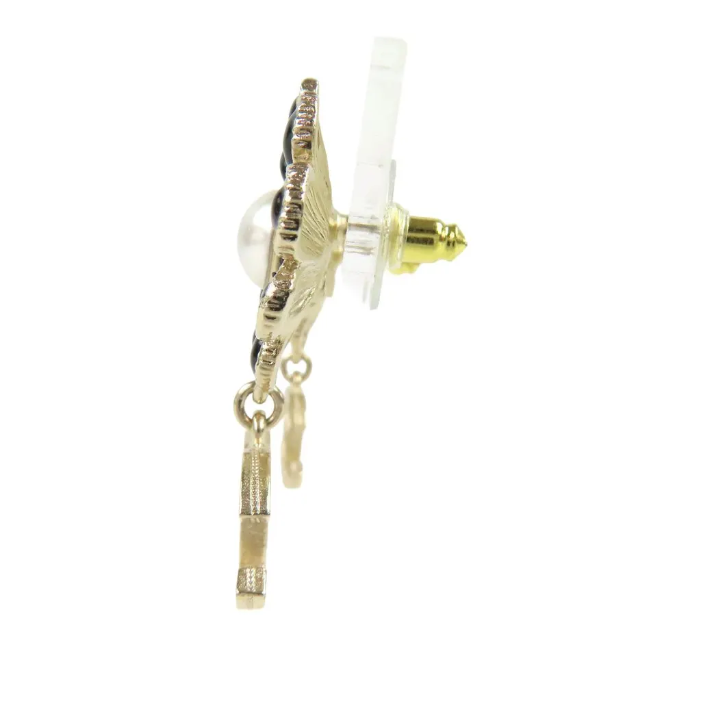 Chanel CC Gold Plated Strass Enamel Faux Pearl Flower Drop Push Back Earrings Gold Metal Very good - Back View