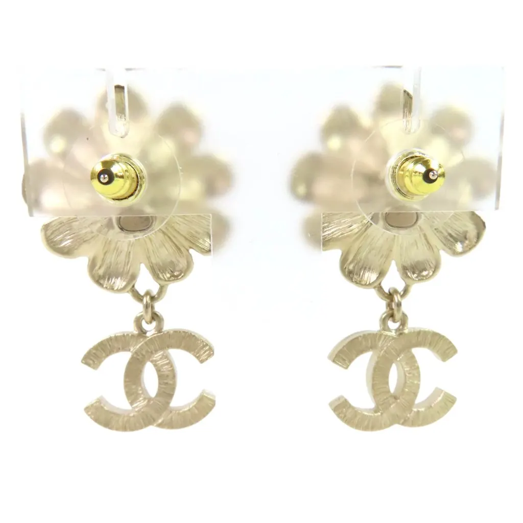 Chanel CC Gold Plated Strass Enamel Faux Pearl Flower Drop Push Back Earrings Gold Metal Very good - Inside View