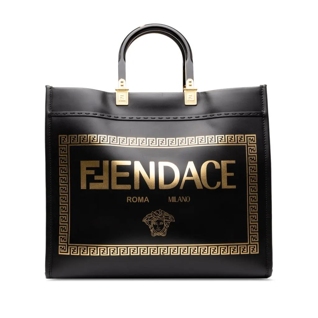 Fendi Versace Fendace Medium Calfskin Sunshine Shopper Tote Black Leather Very good - Front View