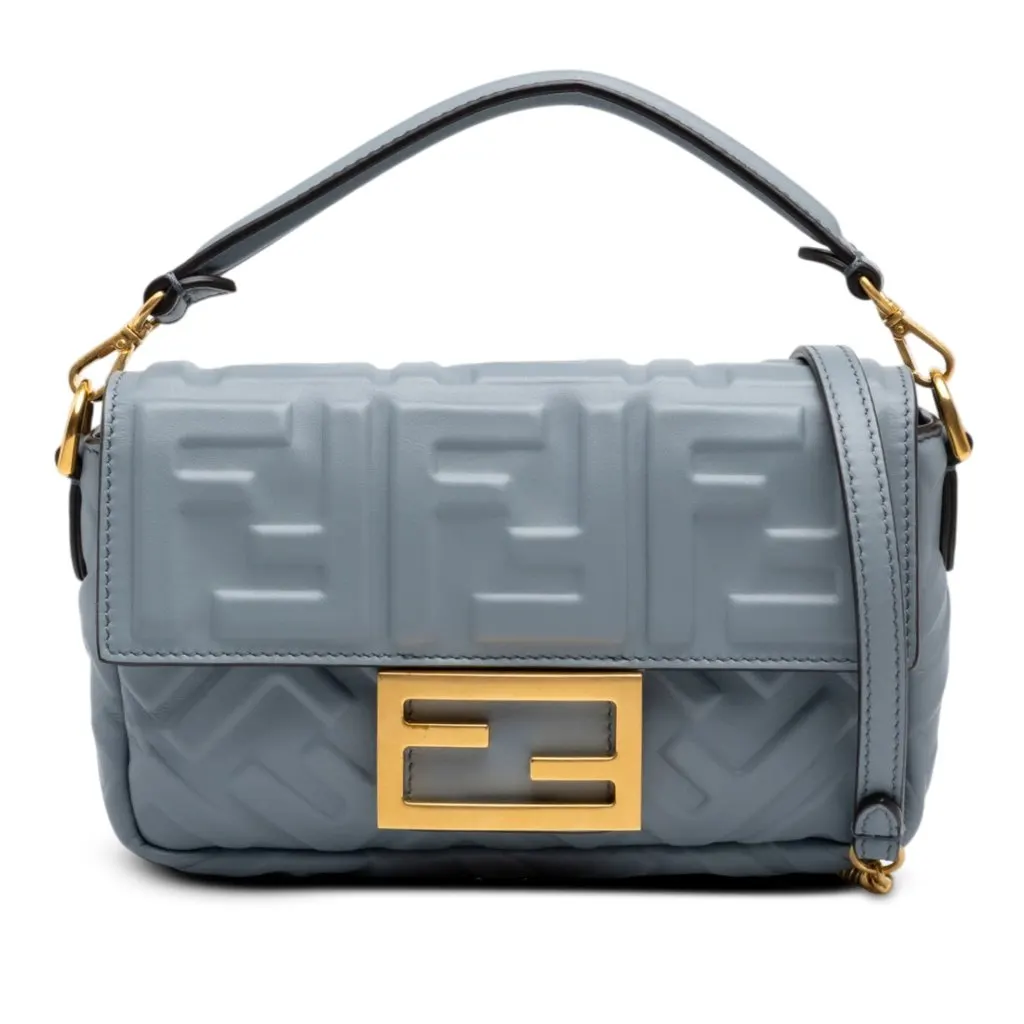 Fendi Mini Zucca Embossed Leather Baguette Satchel Grey Leather Good - Front View