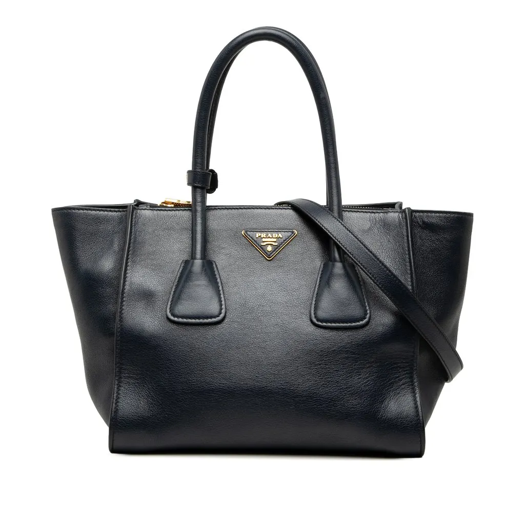 Prada Glace Calf Twin Pocket Double Handle Satchel Blue Leather Very good - Front View
