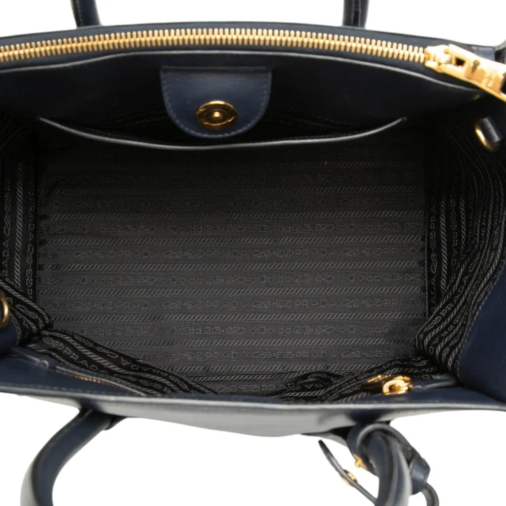 Prada Glace Calf Twin Pocket Double Handle Satchel Blue Leather Very good - Model View
