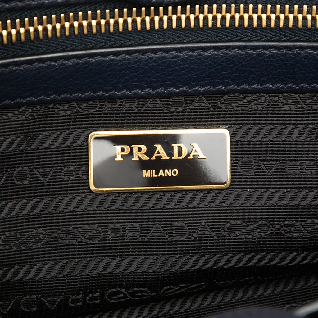Prada Glace Calf Twin Pocket Double Handle Satchel Blue Leather Very good - Box View