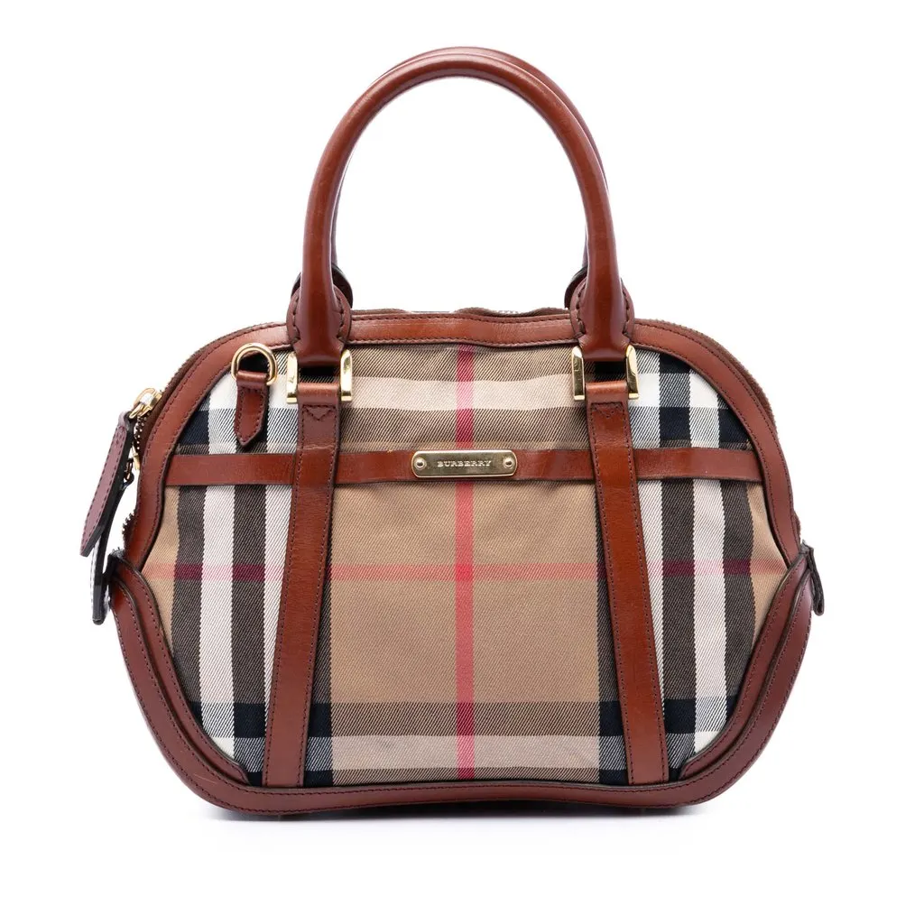 Burberry Small Leather Trimmed House Check Canvas Bridle Orchard Satchel Brown Canvas Good - Front View