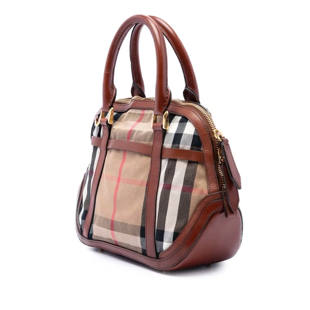Burberry Small Leather Trimmed House Check Canvas Bridle Orchard Satchel Brown Canvas Good - Back View