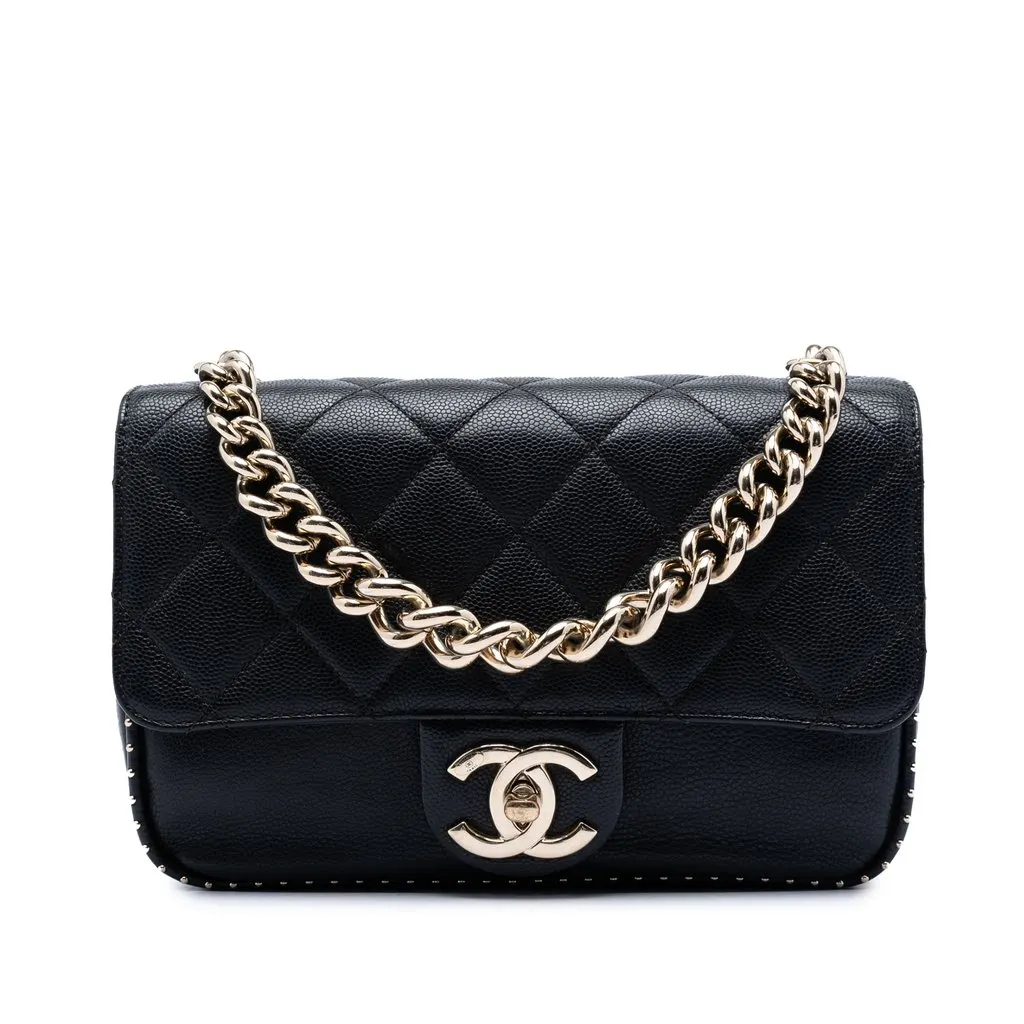 Chanel Small CC Quilted Caviar Studded Single Flap Black Leather Very good - Front View