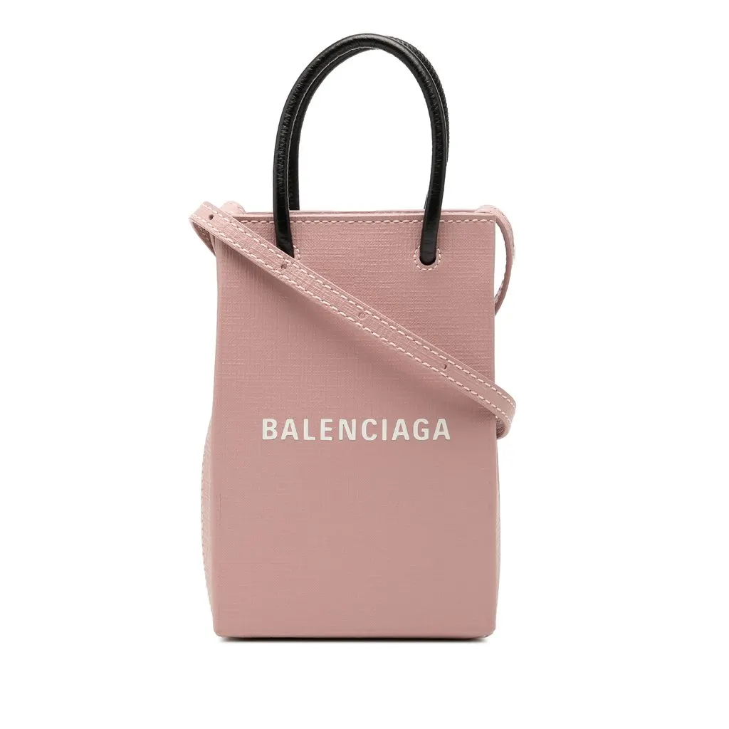 Balenciaga Mini Calfskin Logo Shopping Phone Holder Pink Leather Very good - Front View