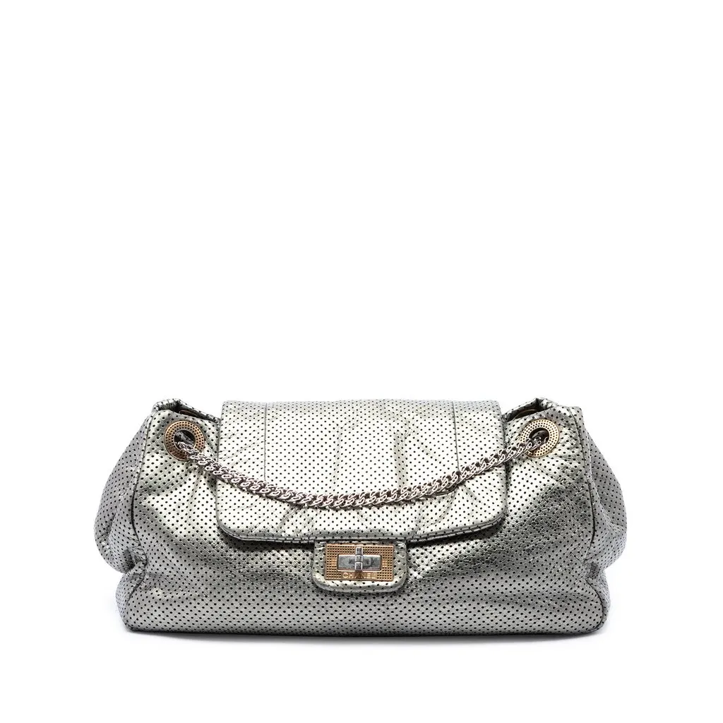 Chanel Metallic Perforated Calfskin Reissue 2.55 Drill Accordion Flap Silver Leather Very good - Front View