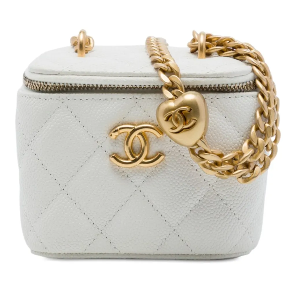 Chanel Mini Quilted Caviar CC Sweetheart Vanity Case with Chain White Leather Very good - Front View
