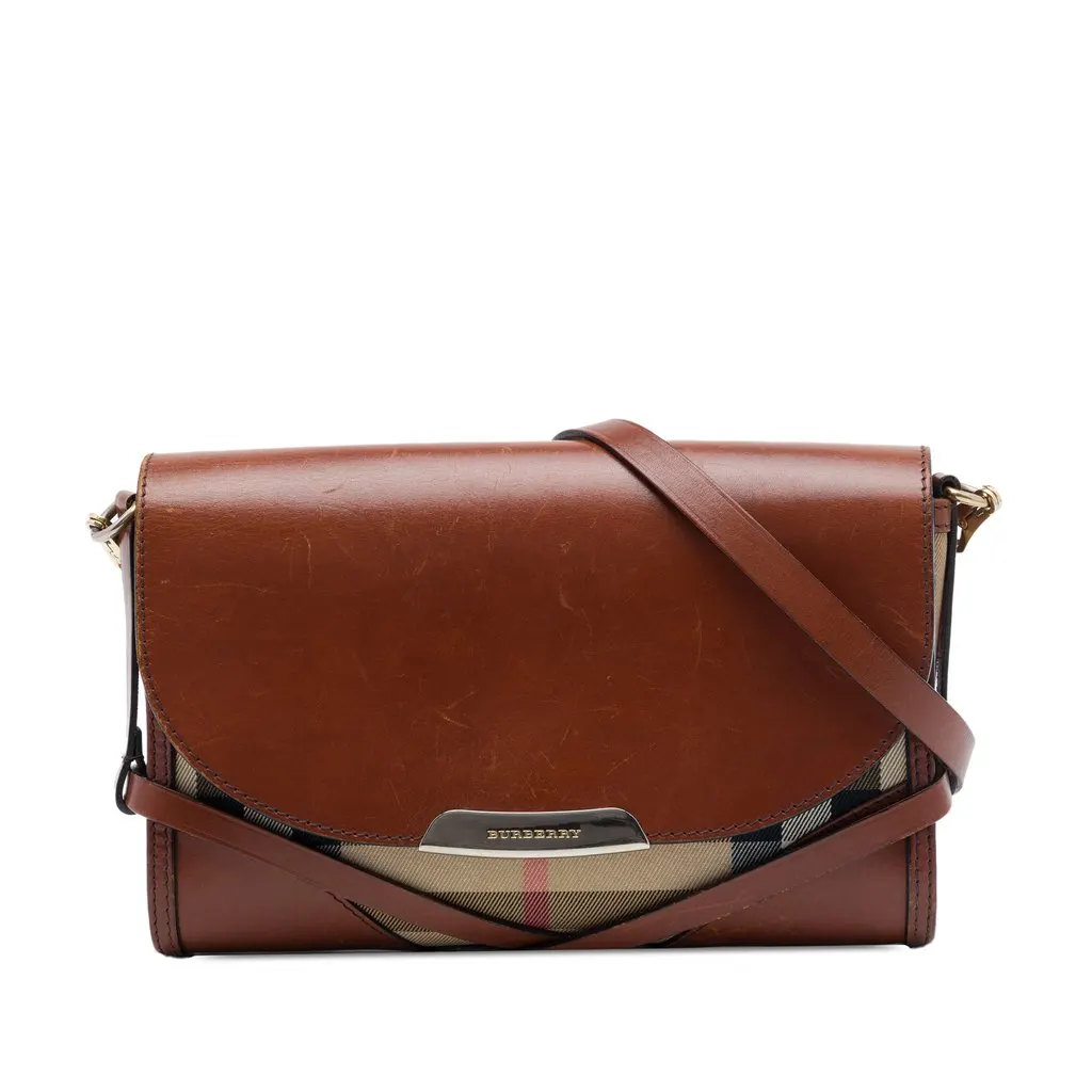 Burberry Leather and House Check Canvas Bridle Abbott Crossbody Brown Leather Good - Front View