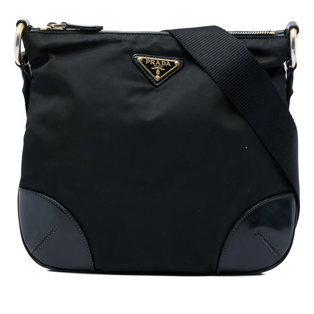 Prada Leather Trimmed Tessuto Zip Top Crossbody Black Good - Front View