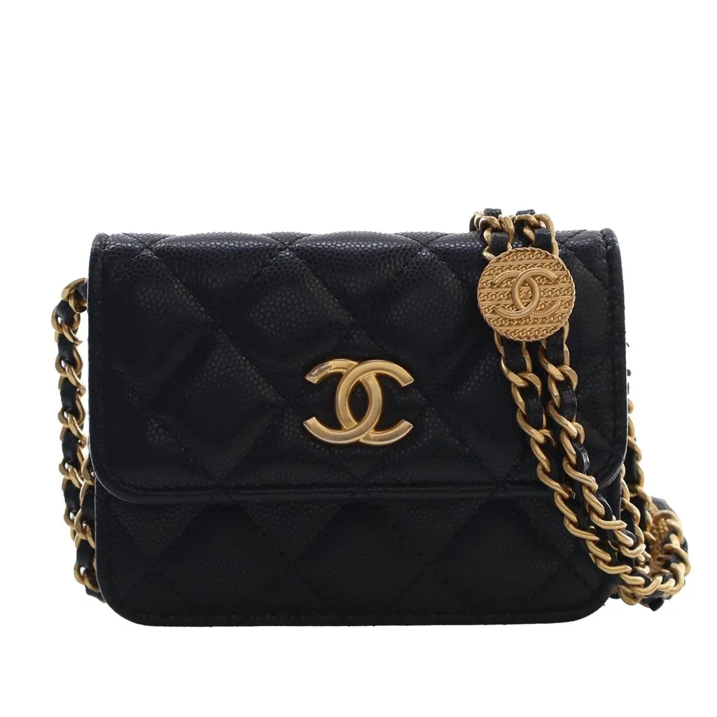 Chanel Quilted Caviar Twist Your Buttons Coin Purse With Chain Black Leather Very good - Front View
